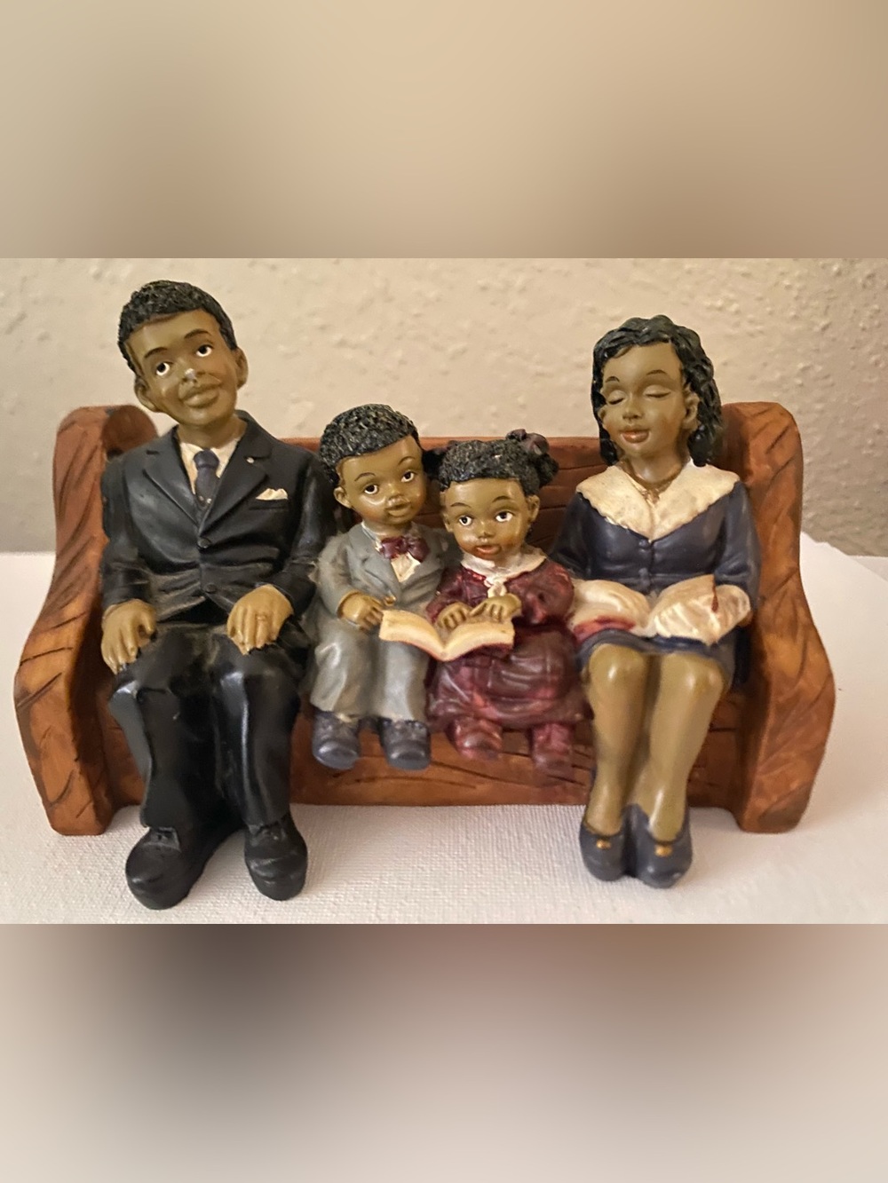Source Unknown Brown Wood-Toned Family on Bench Figurine